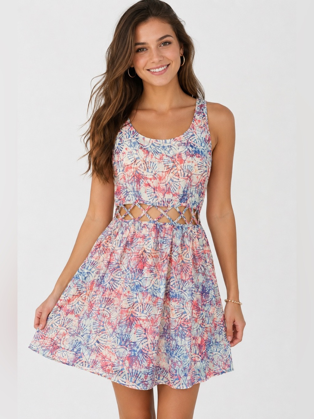 Aeropostale Small Shell Print Cutout Fit & Flare Dress Pastel Coastal Y2K